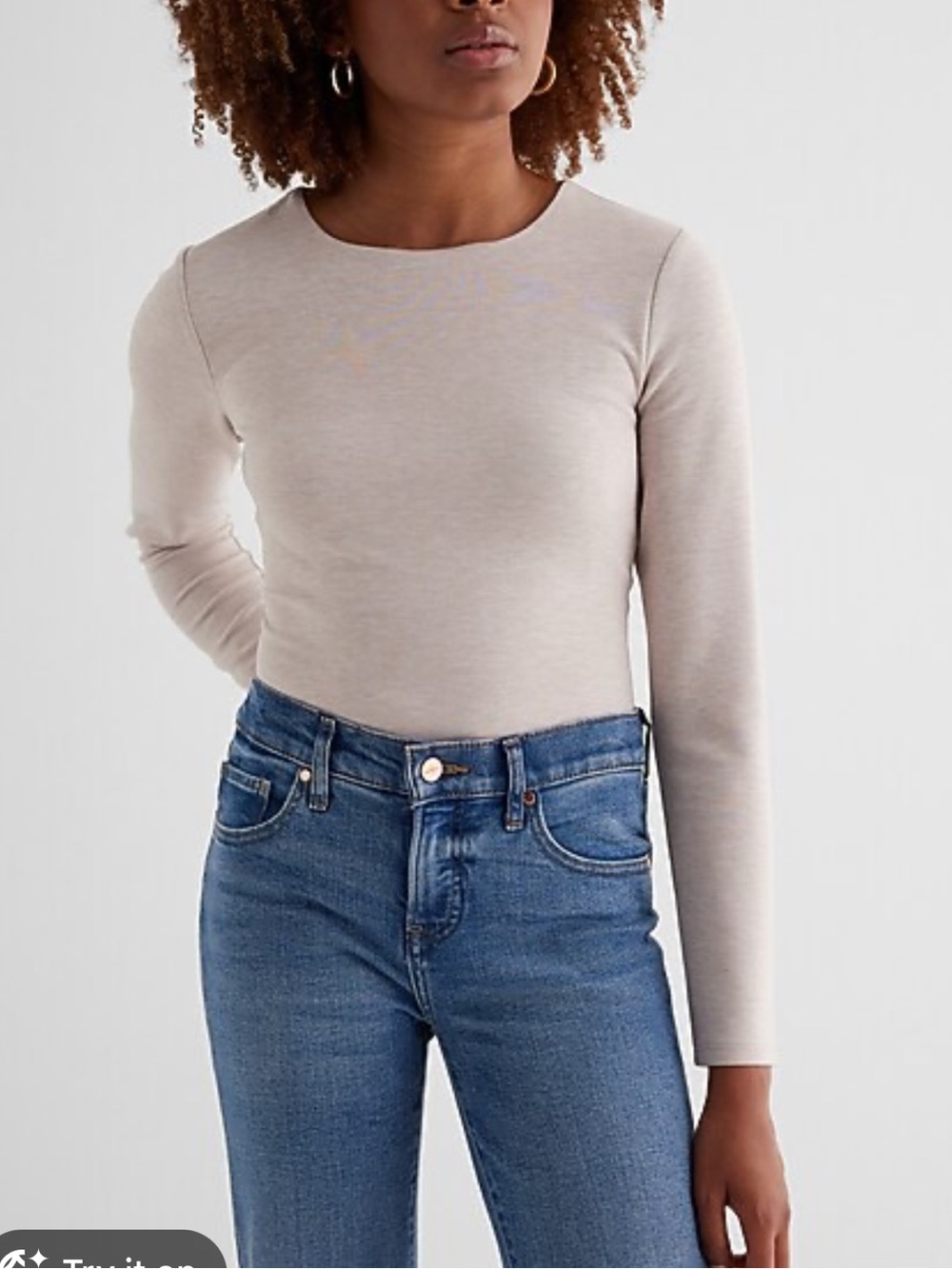 Express Neutral Beige Crew Neck Long Sleeve Bodysuit